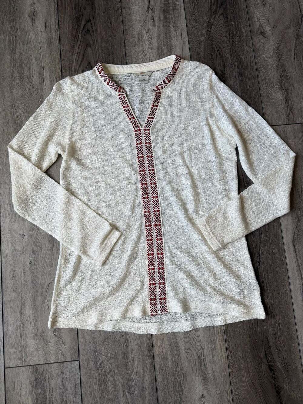 Bob Timberlake Sweater Size M Off White Embroidered Knit V-Neck